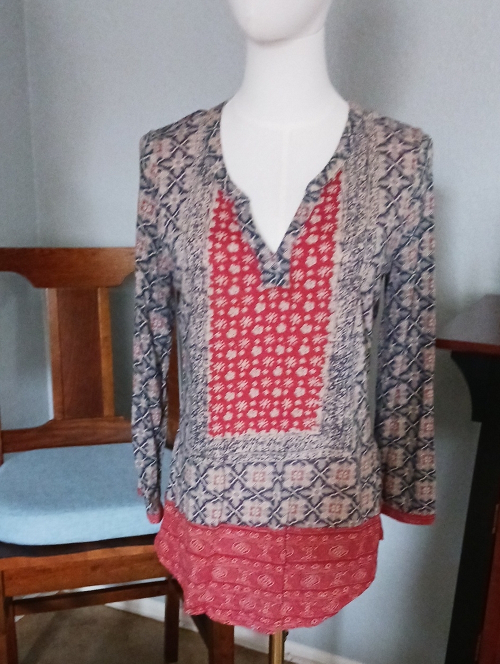 Lucky Brand Mixed Print Tunic in Red and Navy